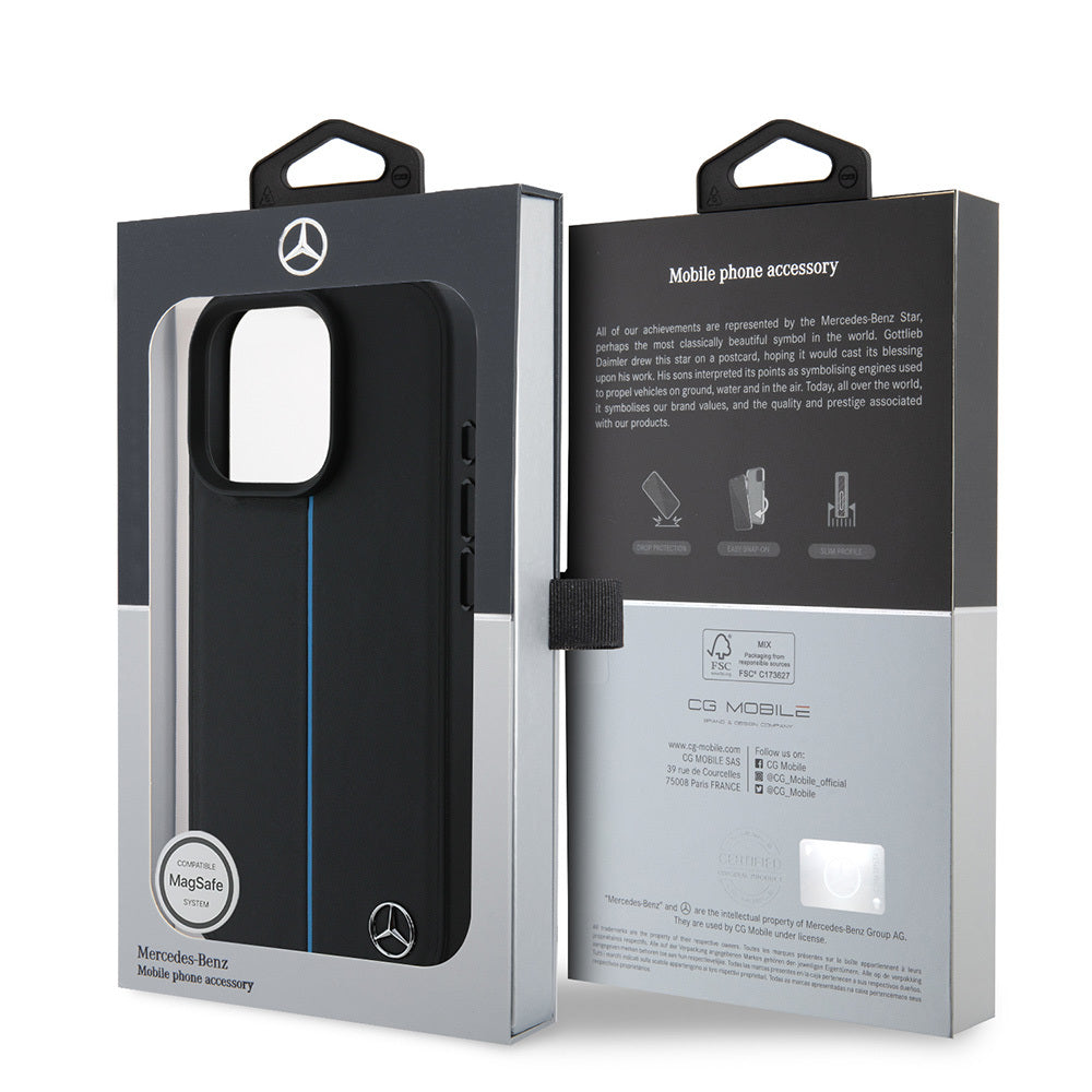 iPhone 16 Pro Max Kılıf Mercedes Benz Orjinal Lisanslı M-safe Şarj Özellikli Metal Yıldız Logolu Mavi Çizgili Deri Kılıf