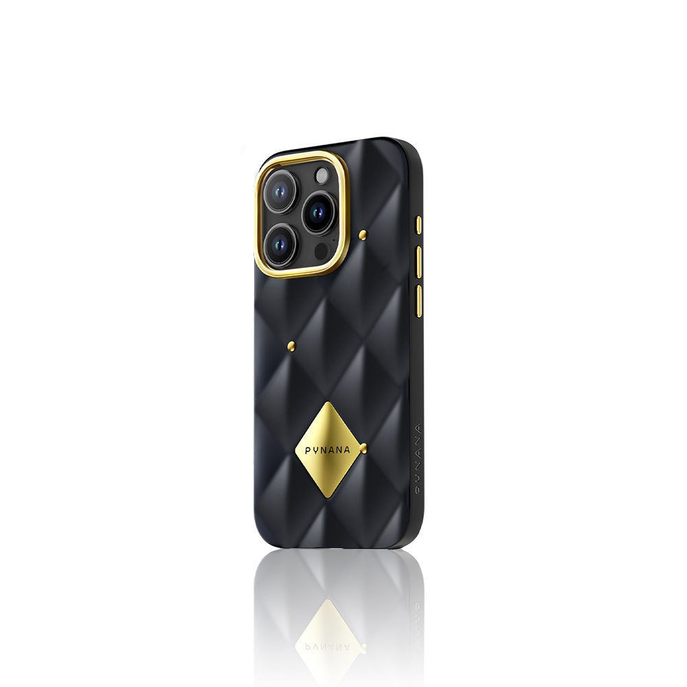 iPhone 16 Pro Max Kılıf Parlak Arka Yüzeyli Kabartma Tasarımlı Kapitone Pynana Metal Diamond Serisi Kılıf