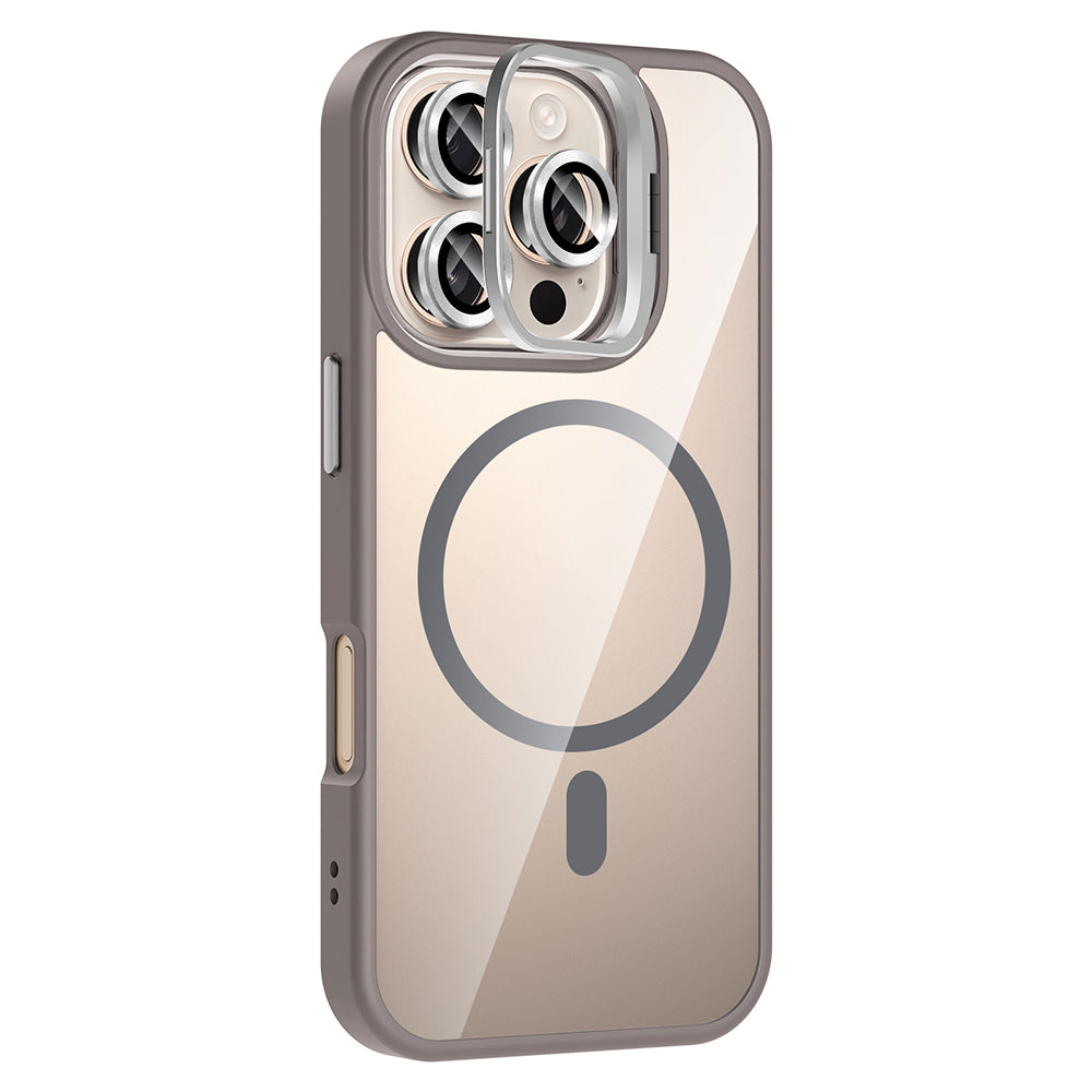 Apple iPhone 16 Pro Max Kılıf Standlı ve Kamera Lens Hediyeli M-Safe Şarj Özellikli Zore Etro Kapak Gri