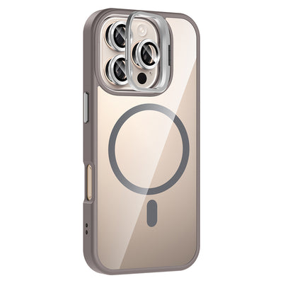 Apple iPhone 16 Pro Max Kılıf Standlı ve Kamera Lens Hediyeli M-Safe Şarj Özellikli Zore Etro Kapak Gri