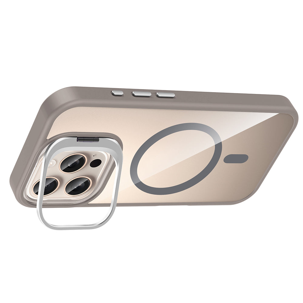 Apple iPhone 16 Pro Max Kılıf Standlı ve Kamera Lens Hediyeli M-Safe Şarj Özellikli Zore Etro Kapak Gri