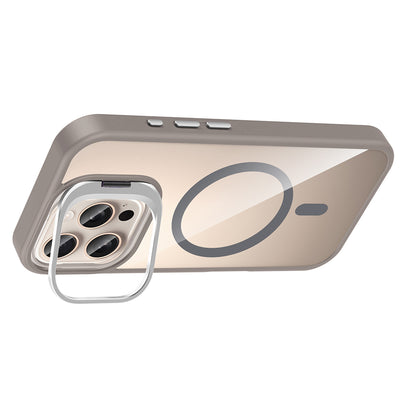 Apple iPhone 16 Pro Max Kılıf Standlı ve Kamera Lens Hediyeli M-Safe Şarj Özellikli Zore Etro Kapak Gri