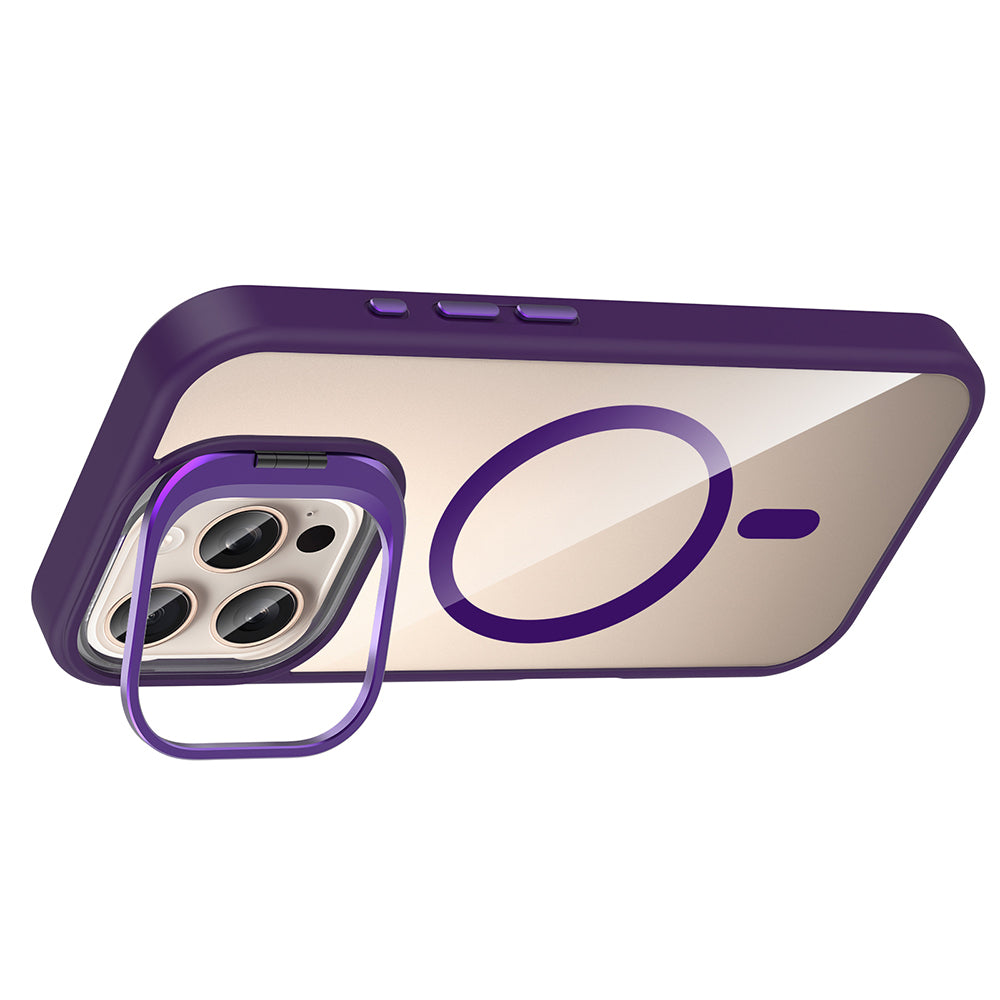 Apple iPhone 16 Pro Max Kılıf Standlı ve Kamera Lens Hediyeli M-Safe Şarj Özellikli Zore Etro Kapak Gri