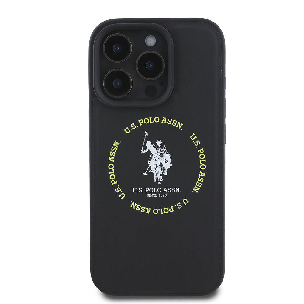 Apple iPhone 16 Pro Max Kılıf U.S. Polo Assn. Orjinal Lisanslı Magsafe Şarj Özellikli Circle ve Double Horse Logolu Deri Kapak Siyah