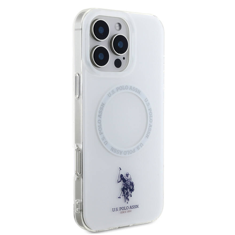 Apple iPhone 16 Pro Max Kılıf U.S. Polo Assn. Orjinal Lisanslı Magsafe Şarj Özellikli IML Double Horse Logolu Ring Kapak Beyaz