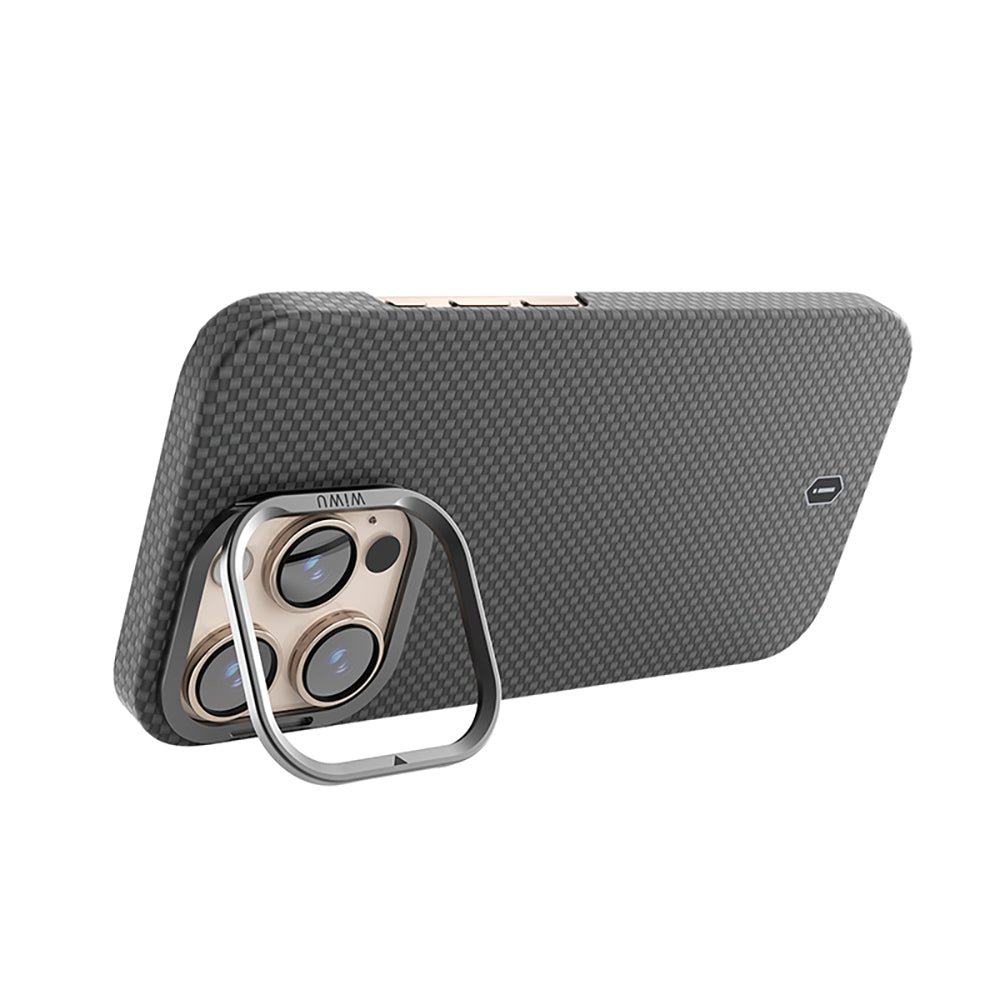 Apple iPhone 16 Pro Max Kılıf Wiwu DCC-208 M-safe Şarj Özellikli Kamera Standlı Aramid Fiber Tasarım Kevlar Kapak Siyah