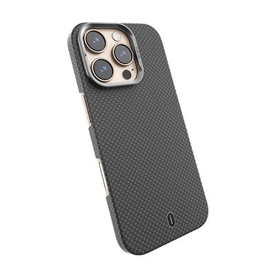 Apple iPhone 16 Pro Max Kılıf Wiwu DCC-208 M-safe Şarj Özellikli Kamera Standlı Aramid Fiber Tasarım Kevlar Kapak Gold