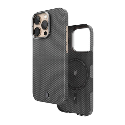 Apple iPhone 16 Pro Max Kılıf Wiwu DCC-208 M-safe Şarj Özellikli Kamera Standlı Aramid Fiber Tasarım Kevlar Kapak Siyah