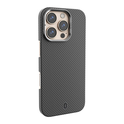 Apple iPhone 16 Pro Max Kılıf Wiwu DCC-208 M-safe Şarj Özellikli Kamera Standlı Aramid Fiber Tasarım Kevlar Kapak Siyah