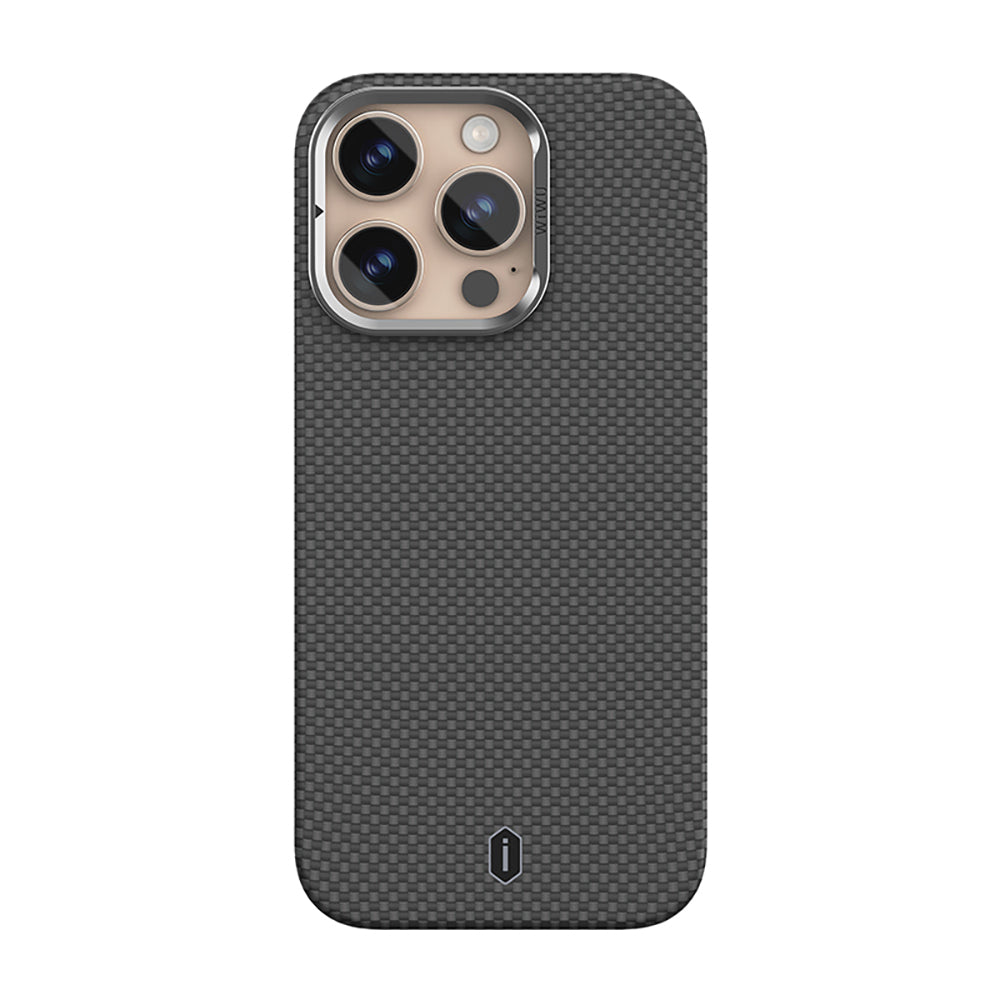 Apple iPhone 16 Pro Max Kılıf Wiwu DCC-208 M-safe Şarj Özellikli Kamera Standlı Aramid Fiber Tasarım Kevlar Kapak Siyah