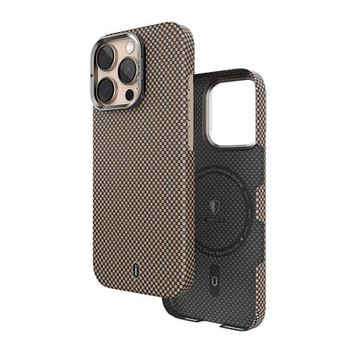 Apple iPhone 16 Pro Max Kılıf Wiwu DCC-208 M-safe Şarj Özellikli Kamera Standlı Aramid Fiber Tasarım Kevlar Kapak Gold