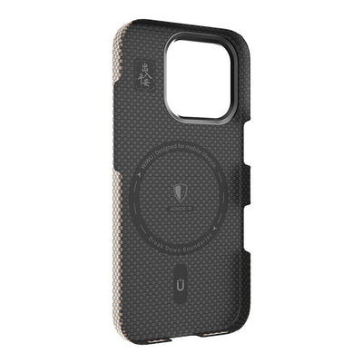 Apple iPhone 16 Pro Max Kılıf Wiwu DCC-208 M-safe Şarj Özellikli Kamera Standlı Aramid Fiber Tasarım Kevlar Kapak Gold