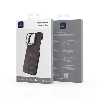 Apple iPhone 16 Pro Max Kılıf Wiwu DCC-208 M-safe Şarj Özellikli Kamera Standlı Aramid Fiber Tasarım Kevlar Kapak Siyah
