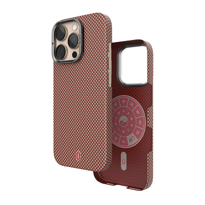 Apple iPhone 16 Pro Max Kılıf Wiwu DCC-208 M-safe Şarj Özellikli Kamera Standlı Aramid Fiber Tasarım Kevlar Kapak Gold