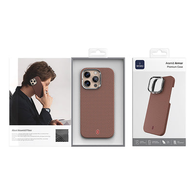 Apple iPhone 16 Pro Max Kılıf Wiwu DCC-208 M-safe Şarj Özellikli Kamera Standlı Aramid Fiber Tasarım Kevlar Kapak Kırmızı