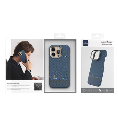 Apple iPhone 16 Pro Max Kılıf Wiwu DCC-209 M-safe Şarj Özellikli Kamera Standlı Aramid Fiber Tasarım Kevlar Kapak Mavi