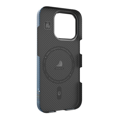 Apple iPhone 16 Pro Max Kılıf Wiwu DCC-209 M-safe Şarj Özellikli Kamera Standlı Aramid Fiber Tasarım Kevlar Kapak Mavi