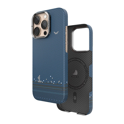 Apple iPhone 16 Pro Max Kılıf Wiwu DCC-209 M-safe Şarj Özellikli Kamera Standlı Aramid Fiber Tasarım Kevlar Kapak Mavi