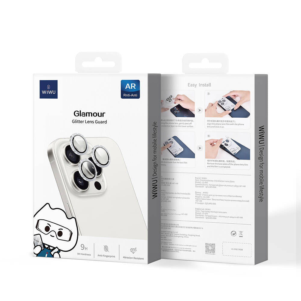Apple iPhone 16 Pro Max Wiwu LG-006 Diamond Lens Guard Kolay Uygulama Aparatlı Kamera Lens Koruyucu Gümüş