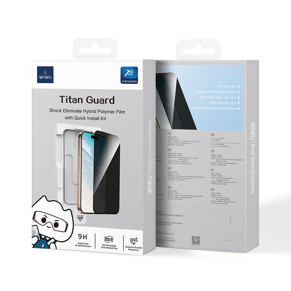 Apple iPhone 16 Wiwu GT-021 Titan Guard Serisi Şok Emici Hibrit Polimer Privacy Ekran Koruyucu Film + Kolay Uygulama Aparatı Siyah