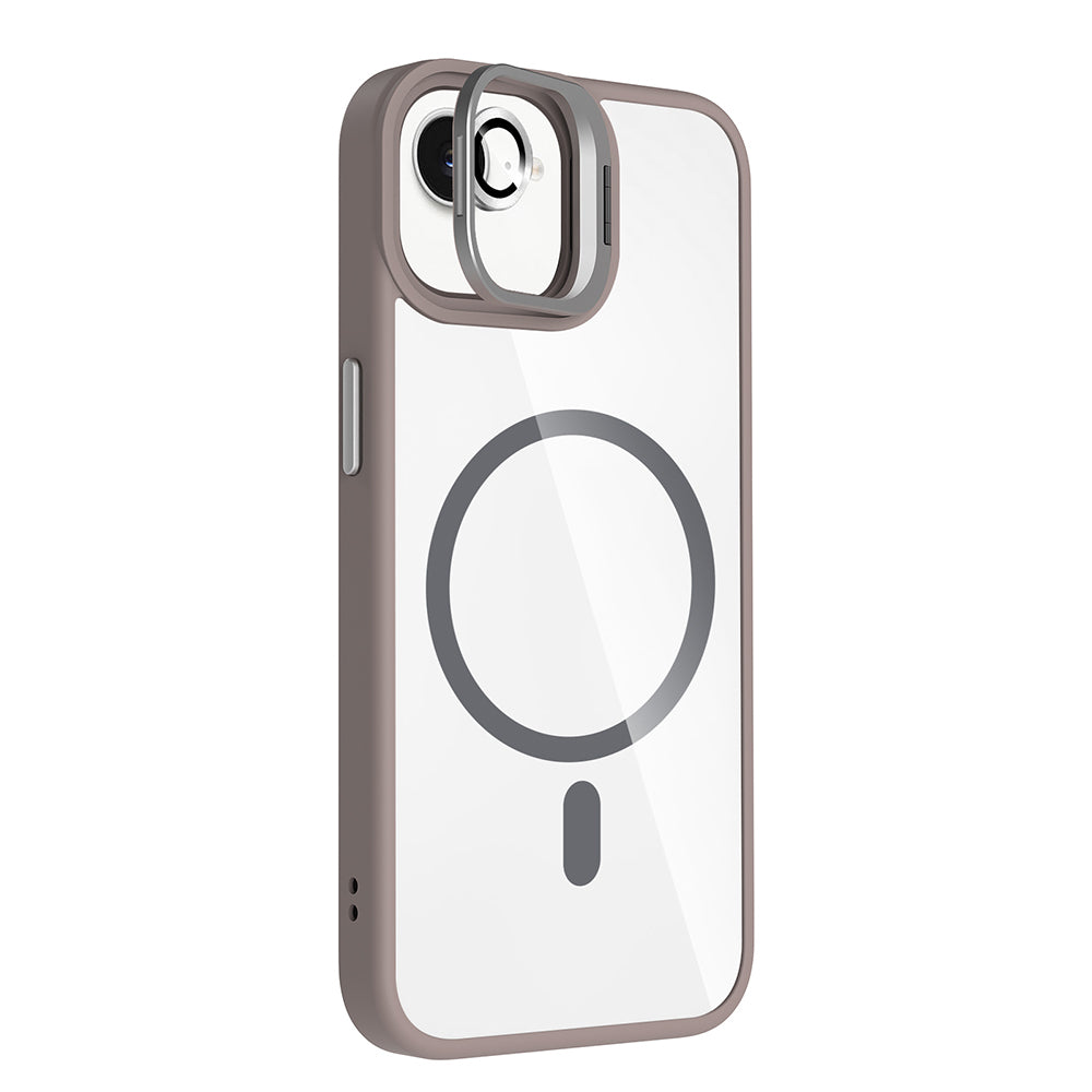 Apple iPhone 16E Kılıf Standlı ve Kamera Lens Hediyeli M-Safe Şarj Özellikli Zore Etro Kapak Gri