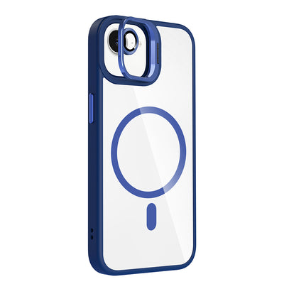 Apple iPhone 16E Kılıf Standlı ve Kamera Lens Hediyeli M-Safe Şarj Özellikli Zore Etro Kapak Lacivert