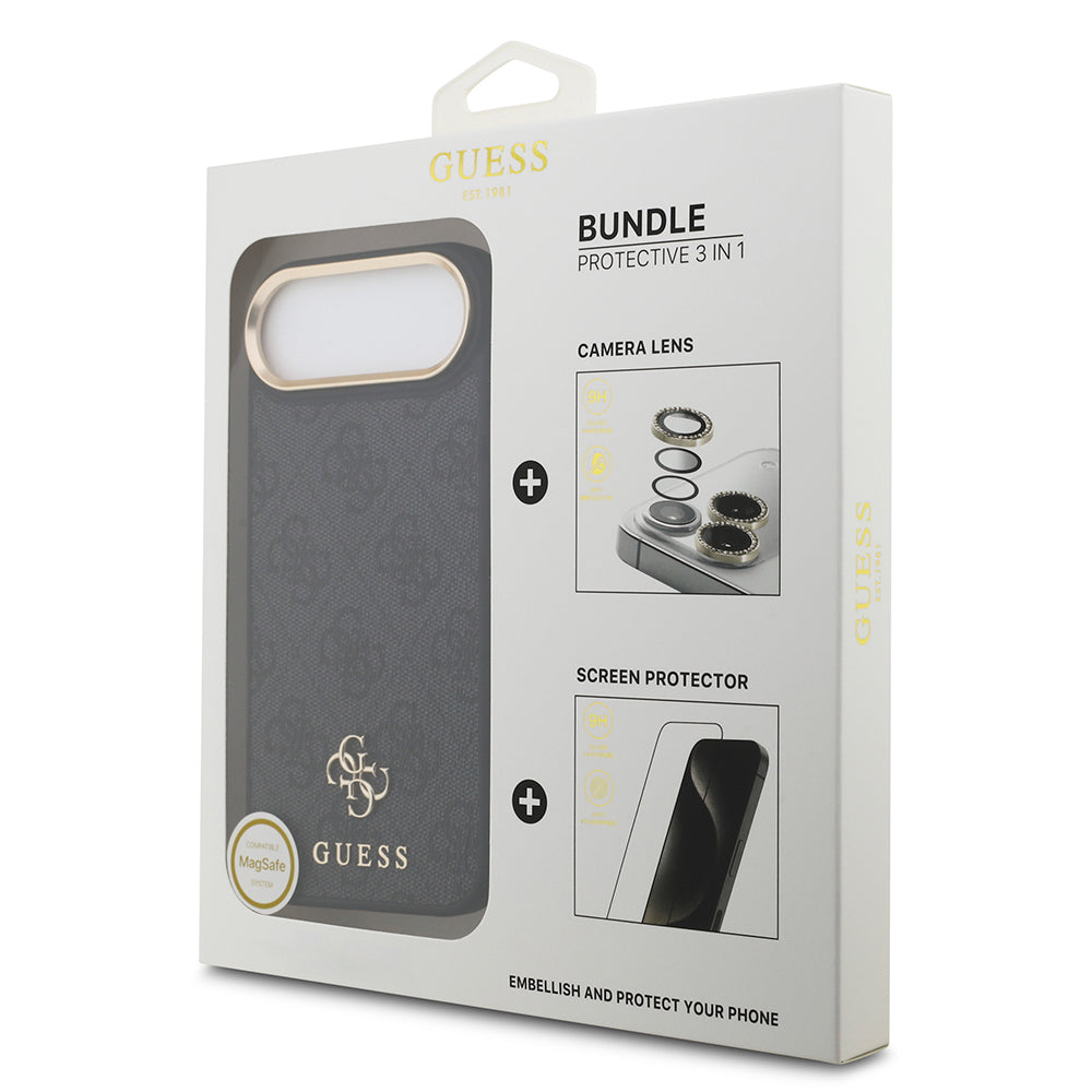iPhone 17 Air Guess Orjinal Lisanslı 4G ve Yazı Logolu Kılıf + Ekran Koruyucu + Lens Koruyucu 3in1 Aksesuar Seti