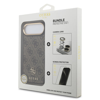 Apple iPhone 17 Air Guess Orjinal Lisanslı 4G ve Yazı Logolu Kılıf + Ekran Koruyucu + Lens Koruyucu 3in1 Aksesuar Seti Kahverengi