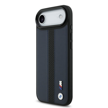 iPhone 17 Air Kılıf BMW Orjinal Lisanslı M-safe Şarj Özellikli Deri Arka Yüzey Metal Logolu Delikli Şerit Tasarımlı Kılıf