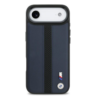 Apple iPhone 17 Air Kılıf BMW Orjinal Lisanslı M-safe Şarj Özellikli Deri Arka Yüzey Metal Logolu Delikli Şerit Tasarımlı Kapak  Lacivert