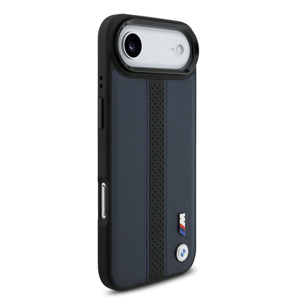 iPhone 17 Air Kılıf BMW Orjinal Lisanslı M-safe Şarj Özellikli Deri Arka Yüzey Metal Logolu Delikli Şerit Tasarımlı Kılıf