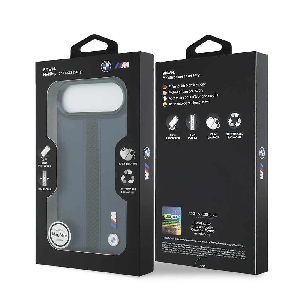 iPhone 17 Air Kılıf BMW Orjinal Lisanslı M-safe Şarj Özellikli Deri Arka Yüzey Metal Logolu Delikli Şerit Tasarımlı Kılıf