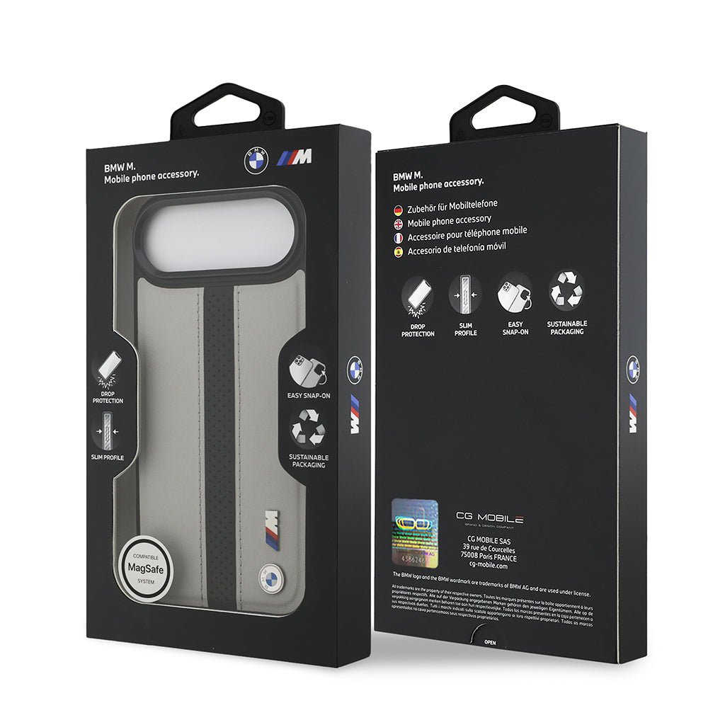 iPhone 17 Air Kılıf BMW Orjinal Lisanslı M-safe Şarj Özellikli Deri Arka Yüzey Metal Logolu Delikli Şerit Tasarımlı Kılıf