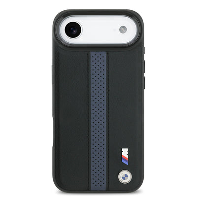 Apple iPhone 17 Air Kılıf BMW Orjinal Lisanslı M-safe Şarj Özellikli Deri Arka Yüzey Metal Logolu Delikli Şerit Tasarımlı Kapak  Mavi