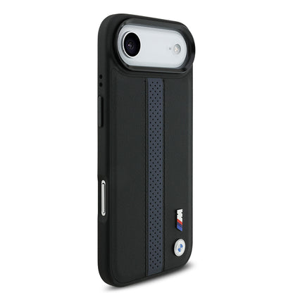 iPhone 17 Air Kılıf BMW Orjinal Lisanslı M-safe Şarj Özellikli Deri Arka Yüzey Metal Logolu Delikli Şerit Tasarımlı Kılıf