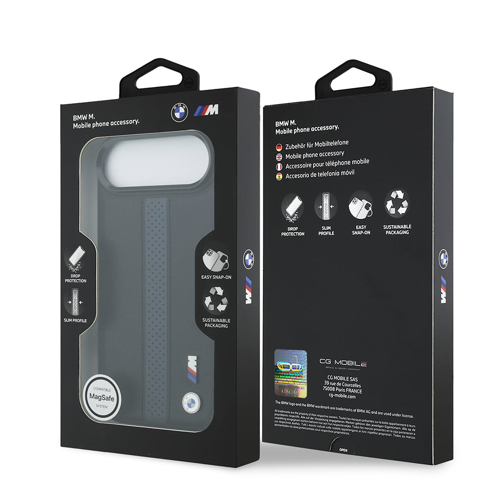 iPhone 17 Air Kılıf BMW Orjinal Lisanslı M-safe Şarj Özellikli Deri Arka Yüzey Metal Logolu Delikli Şerit Tasarımlı Kılıf