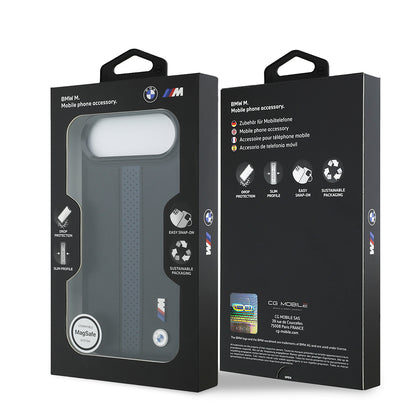 iPhone 17 Air Kılıf BMW Orjinal Lisanslı M-safe Şarj Özellikli Deri Arka Yüzey Metal Logolu Delikli Şerit Tasarımlı Kılıf