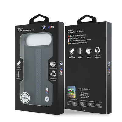 Apple iPhone 17 Air Kılıf BMW Orjinal Lisanslı M-safe Şarj Özellikli Deri Arka Yüzey Metal Logolu Delikli Şerit Tasarımlı Kapak  Gri