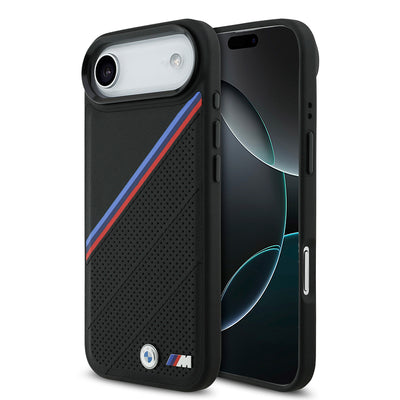 Apple iPhone 17 Air Kılıf BMW Orjinal Lisanslı M-safe Şarj Özellikli M Logolu Üç Şeritli Delikli Deri Kapak Siyah