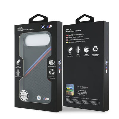 Apple iPhone 17 Air Kılıf BMW Orjinal Lisanslı M-safe Şarj Özellikli M Logolu Üç Şeritli Delikli Deri Kapak Siyah