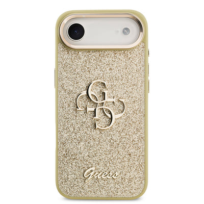 Apple iPhone 17 Air Kılıf Guess Orjinal Lisanslı 4G Büyük Metal Kamera Çerçeveli ve Logolu Glitter Kapak Gold