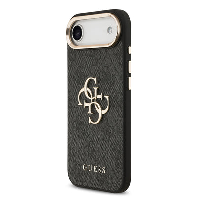 Apple iPhone 17 Air Kılıf Guess Orjinal Lisanslı Gold Metal Kamera Çerçeveli 4G Desenli Metal Büyük 4G ve Yazı Logolu Kapak Siyah