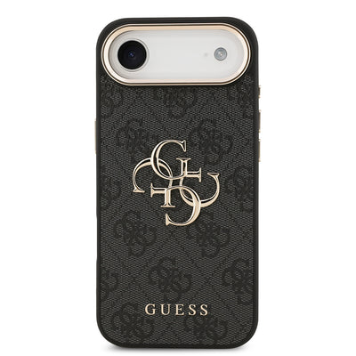 Apple iPhone 17 Air Kılıf Guess Orjinal Lisanslı Gold Metal Kamera Çerçeveli 4G Desenli Metal Büyük 4G ve Yazı Logolu Kapak Siyah
