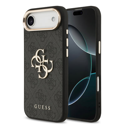 Apple iPhone 17 Air Kılıf Guess Orjinal Lisanslı Gold Metal Kamera Çerçeveli 4G Desenli Metal Büyük 4G ve Yazı Logolu Kapak Siyah
