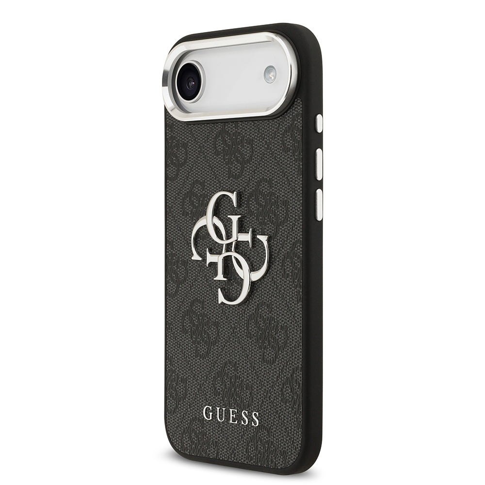 iPhone 17 Air Kılıf Guess Orjinal Lisanslı Gümüş Metal Kamera Çerçeveli 4G Desenli Metal Büyük 4G ve Yazı Logolu Kılıf