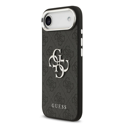 iPhone 17 Air Kılıf Guess Orjinal Lisanslı Gümüş Metal Kamera Çerçeveli 4G Desenli Metal Büyük 4G ve Yazı Logolu Kılıf