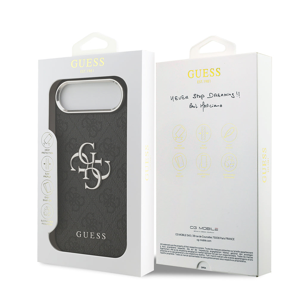 iPhone 17 Air Kılıf Guess Orjinal Lisanslı Gümüş Metal Kamera Çerçeveli 4G Desenli Metal Büyük 4G ve Yazı Logolu Kılıf