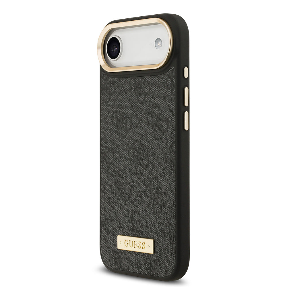 Apple iPhone 17 Air Kılıf Guess Orjinal Lisanslı M-safe Şarj Özellikli 4G Desenli PU Metal Plaka Klasik Logolu Kapak Siyah