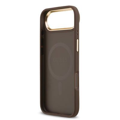 Apple iPhone 17 Air Kılıf Guess Orjinal Lisanslı M-safe Şarj Özellikli Gold Metal Kamera Çerçeveli PU Deri 4G Desenli Yazı Logolu Kapak Siyah