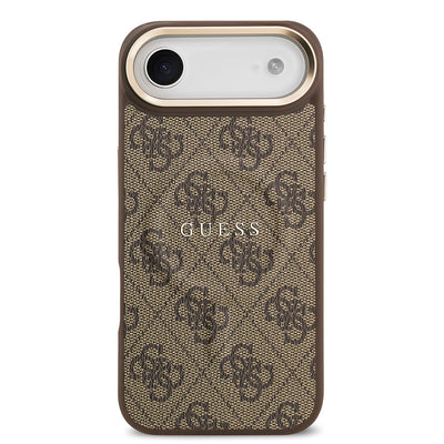 Apple iPhone 17 Air Kılıf Guess Orjinal Lisanslı M-safe Şarj Özellikli Gold Metal Kamera Çerçeveli PU Deri 4G Desenli Yazı Logolu Kapak Kahverengi